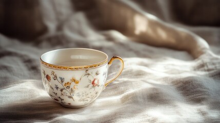 A fine porcelain teacup, placed elegantly on a shimmering satin cloth.