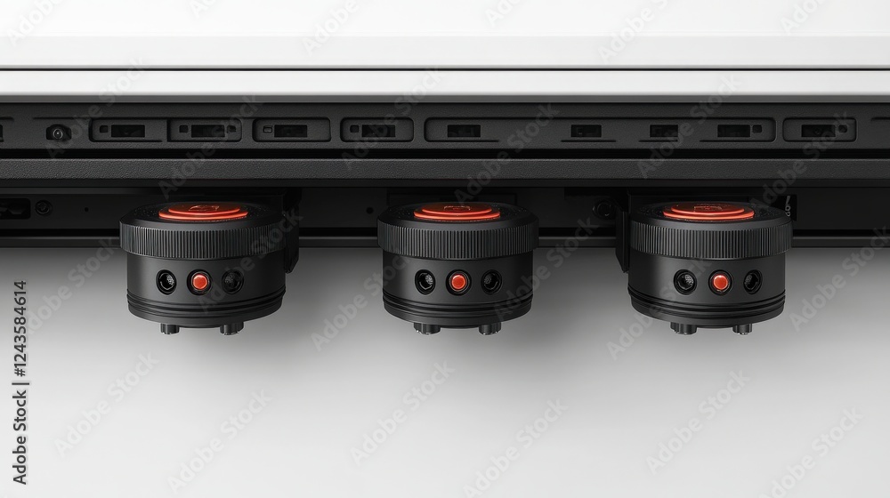 Poster close-up view of advanced technology device showcasing three sensors with red accents, minimalistic 