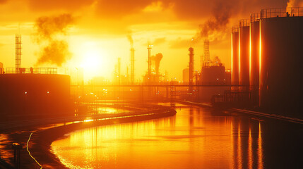 Obraz premium Sunset over industrial landscape with storage tanks and pipes