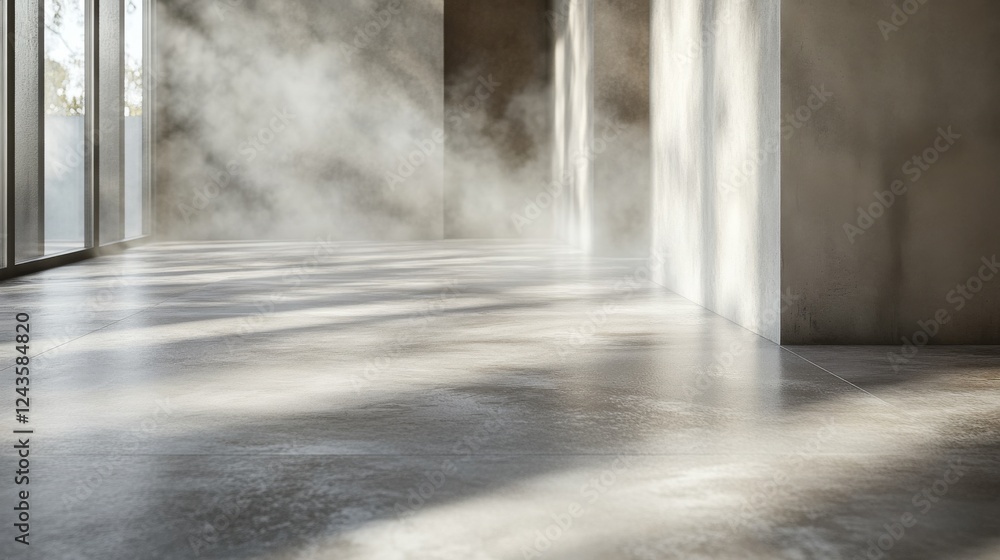 Aufkleber Soft lavender and gray interior space with mist and light filtering through windows