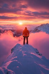 Fototapeta premium Adventurer Standing on Snowy Mountain Peak at Sunrise with Vibrant Pink and Orange Sky and Clouds in a Stunning Winter Landscape
