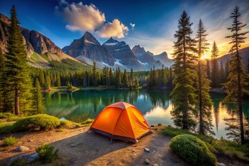 Orange Tent Camping Lakeside Mountain Scene: Breathtaking Blue Sky Adventure