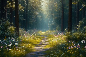 Fototapeta premium Serene Forest Pathway Illuminated by Sunlight with Vibrant Wildflowers and Lush Greenery Creating a Tranquil Nature Scene