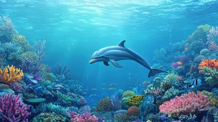 Fototapeta premium Dolphin Swimming Through Colorful Coral Reef Underwater Scene