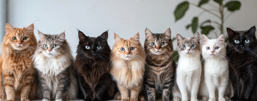 Poster a diverse group of cats displaying various breeds and colors posing together with unique expressions
