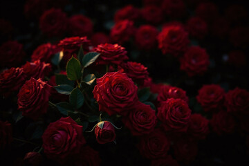 Obraz premium dense cluster of red roses against dark background soft lighting