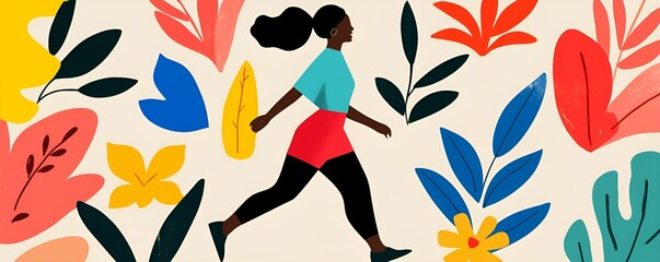 Health info tips concept. A woman walks amidst colorful floral patterns in a vibrant, artistic illustration.