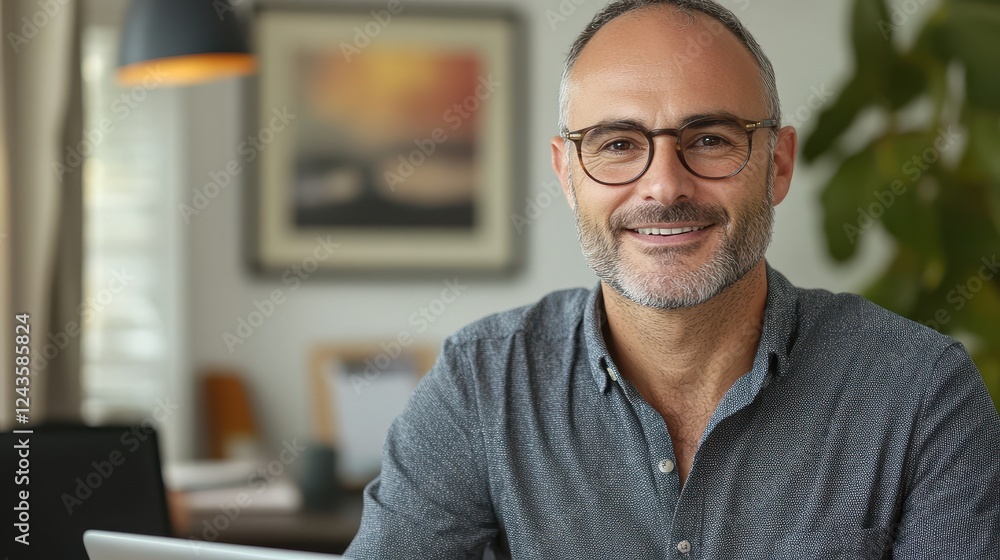 Poster man with glasses and beard smiling at the camera in a casual setting indoors
