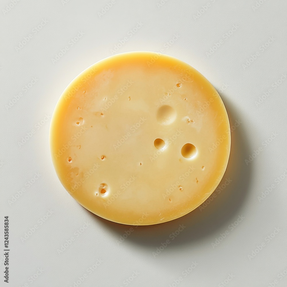Poster Swiss cheese slice with distinctive holes showcasing its pale color and smooth texture on a neutral backdrop