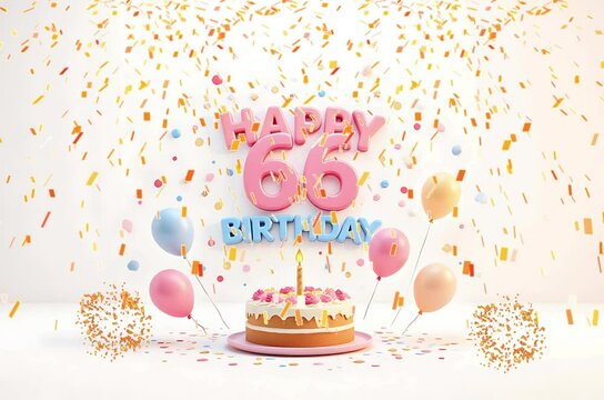 Animated 3D Happy 66th Birthday background video in pastel theme with floating balloons, lit candles, fireworks, and confetti shower