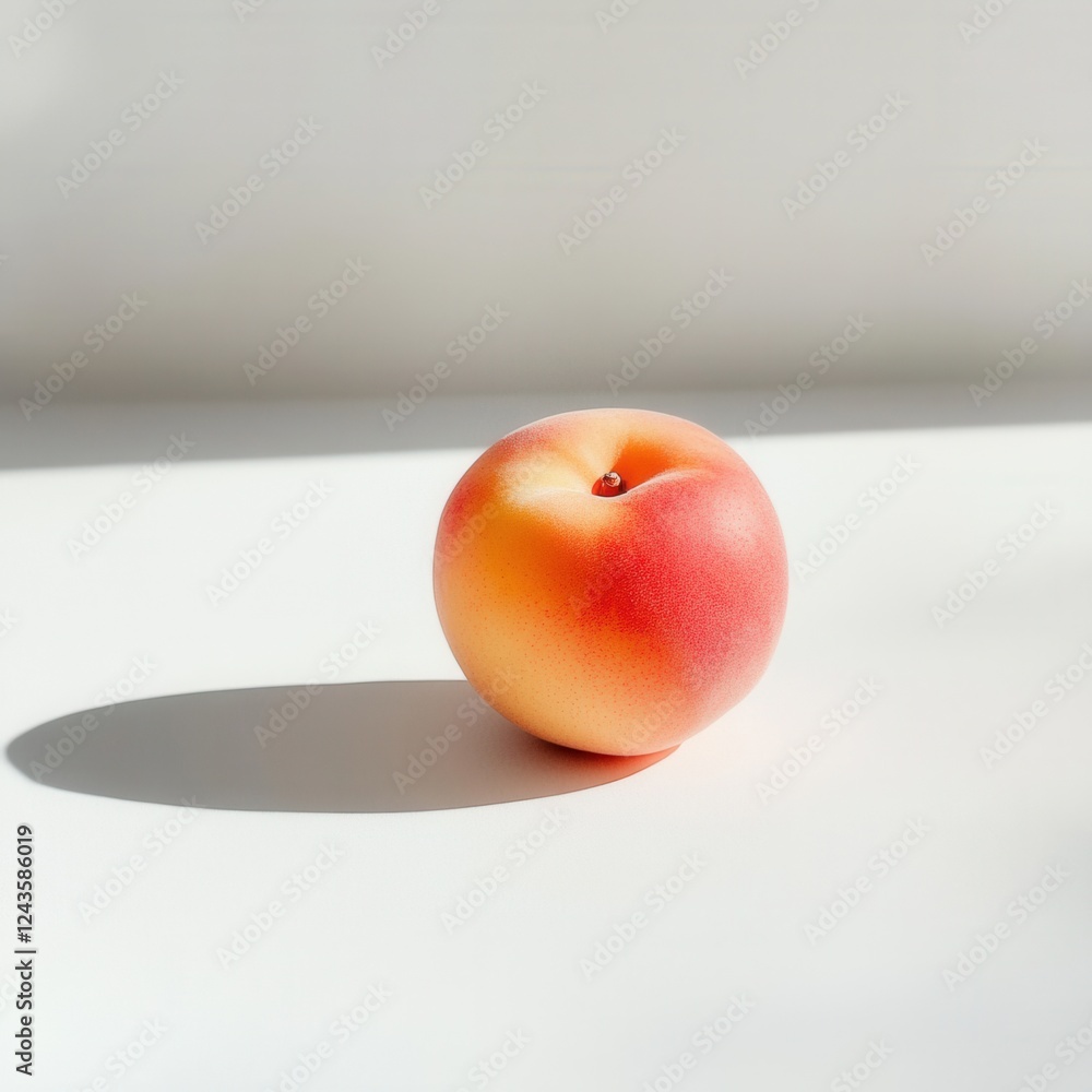 Poster ripe peach resting on a white surface with natural light creating soft shadows