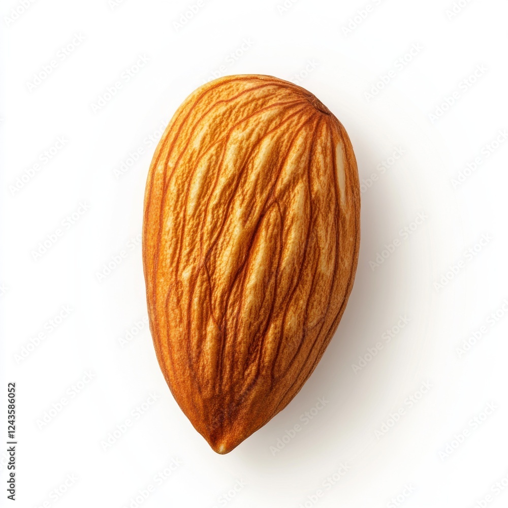 Poster single roasted almond on a light background highlighting its textured surface and natural color vari