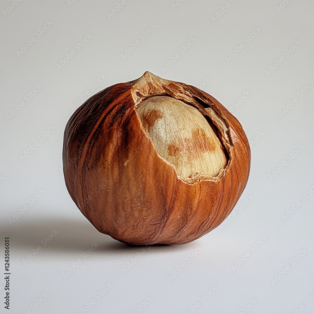 Poster roasted hazelnut resting on a neutral background showcasing its rich brown color and smooth texture