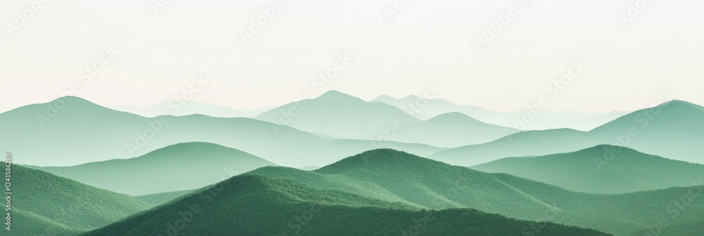 Poster Layers of green mountains create a mesmerizing landscape, fading into the distance under a hazy sky, showcasing the beauty and tranquility of nature