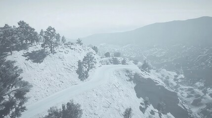 Obraz premium Serene Winter Landscape with Snowy Road and Foggy Mountains