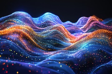 Obraz premium Abstract Digital Waveform with Vibrant Colors and Glowing Particles in a Futuristic Technology Background