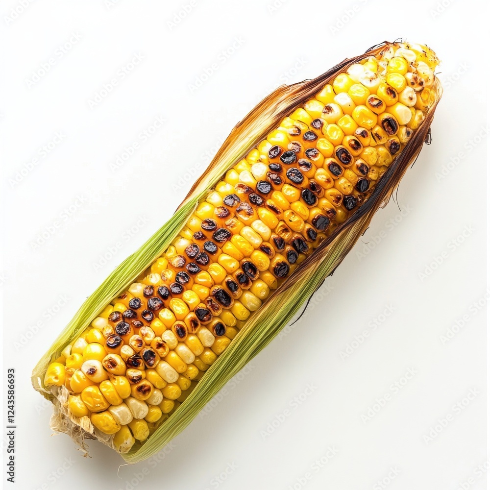 Poster Grilled corn cob with charred kernels prepared in a backyard setting during summer barbecue gathering