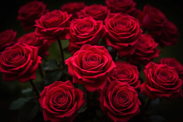 Obraz premium dense cluster of red roses with detailed petals and green contrast