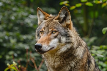 Fototapeta premium Portrait of a wild eurasian wolf looking away in the forest