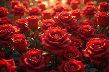 dense cluster of red roses in various bloom stages sunlit background