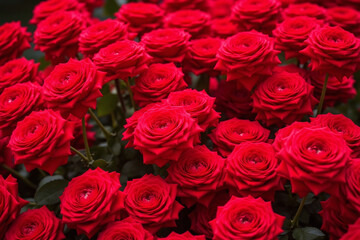 Fototapeta premium Dense cluster of vibrant red roses with green stems and leaves
