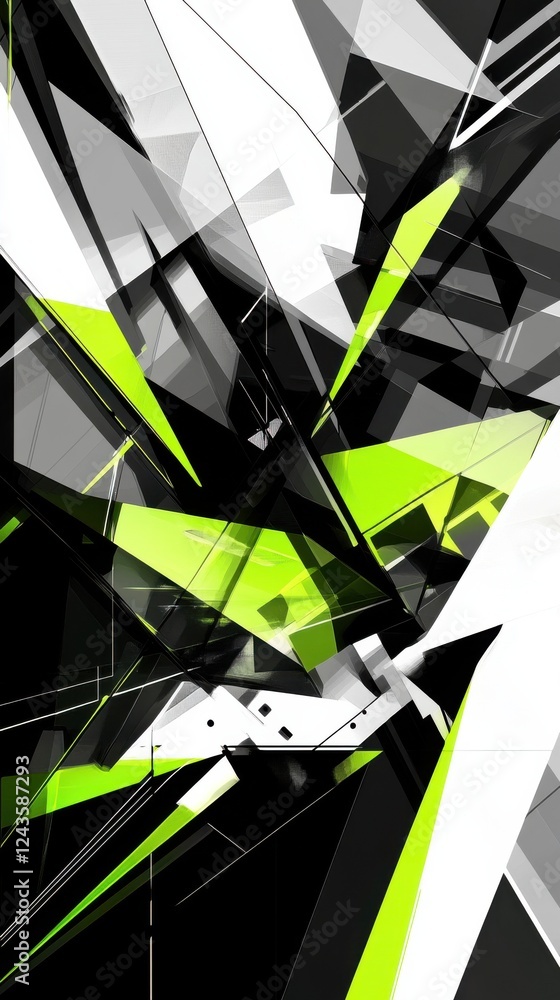 Poster modern geometric design featuring sharp angles and vibrant green accents on a black background