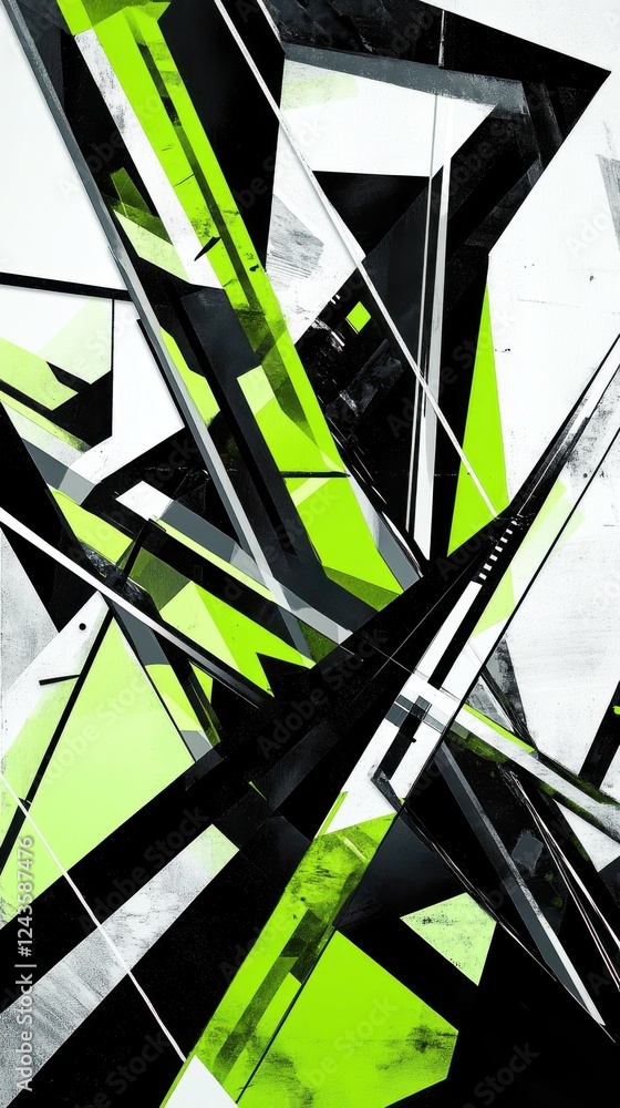Aufkleber modern geometric design featuring sharp black lines and vibrant green accents in an abstract composi