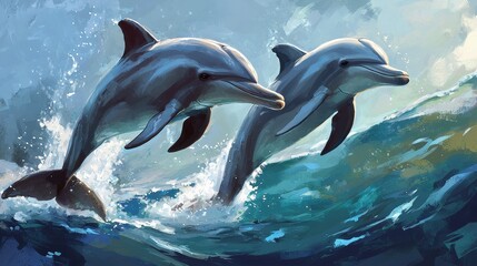 Obraz premium Two Dolphins Jumping Playfully Over Ocean Waves in Bright Blue Sea