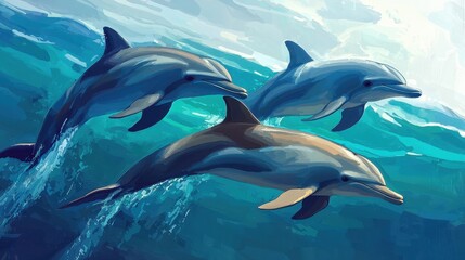Playful Dolphins Swimming Together in Vibrant Ocean Waters
