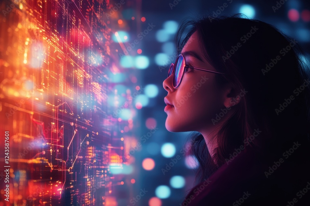 Poster woman focused on computer screen in a modern workspace with natural light and minimalistic design