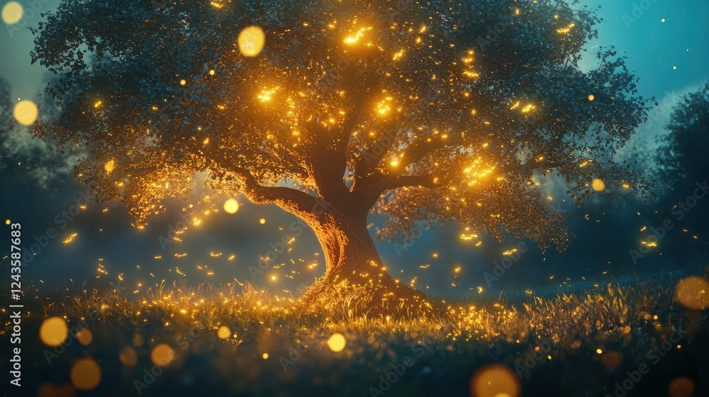 Poster serene glowing tree illuminated by sparkling light in a tranquil evening landscape