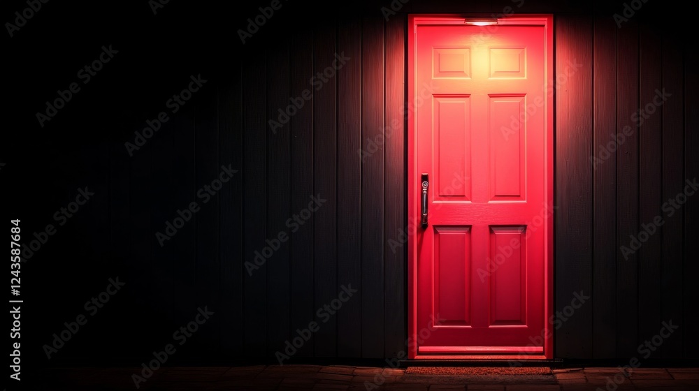 Poster bright red door stands slightly open, casting a warm light in contrast to the dark surroundings, inv