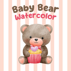 Adorable watercolor illustration of a baby teddy bear sitting with a heart-topped cupcake, set against a pastel striped background. Perfect for Valentine's Day and celebrations