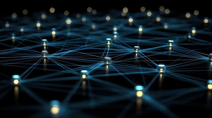 Fototapeta premium 3D abstract network background with dynamic glowing lines, interconnecting nodes, and futuristic elements, ideal for illustrating digital networks, cloud computing, and virtual communication.