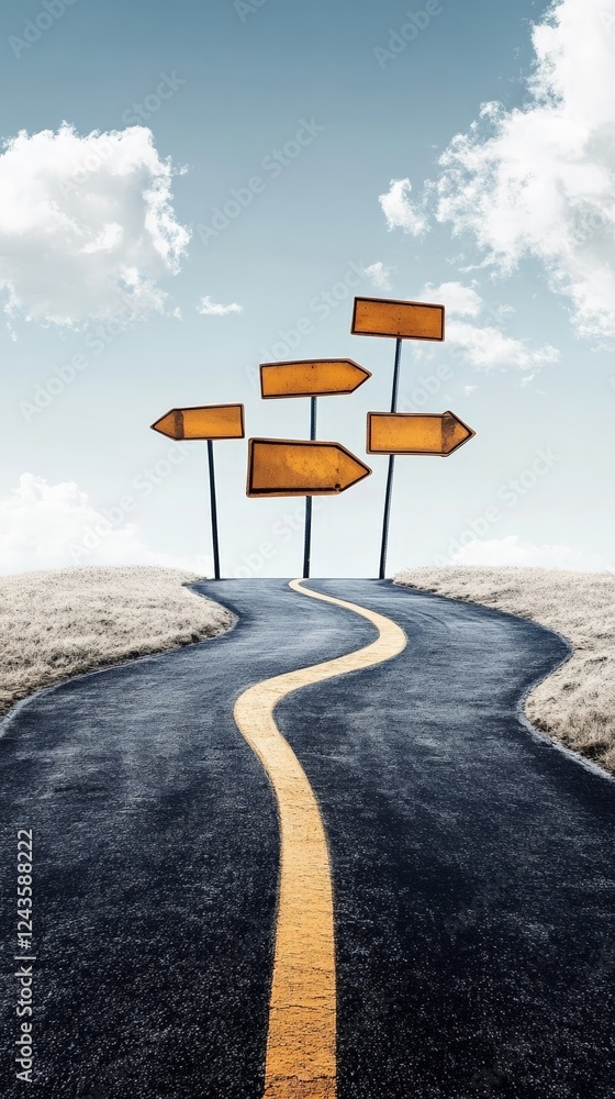 Aufkleber Winding road stretches towards a cluster of signposts pointing in various directions. Symbolizing the numerous choices and decisions one faces in life's journey. Against a backdrop of a cloudy sky