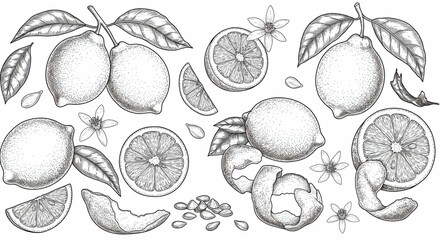 Hand-Drawn Lemon Illustrations &ndash; Vintage Botanical Sketch of Citrus Fruits and Leaves