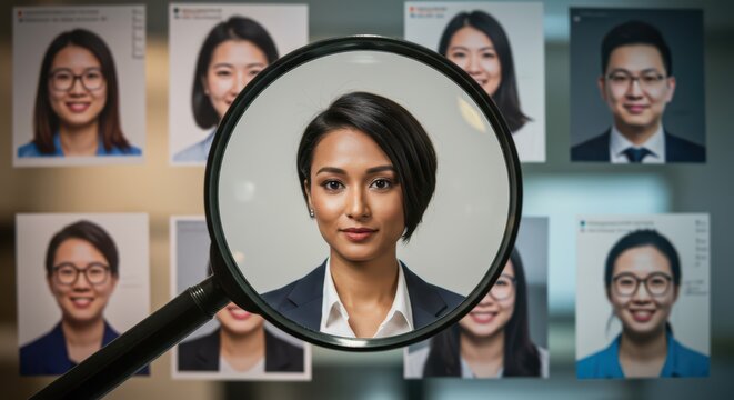 The magnifying glass focuses on one face among many, highlighting the selection of the best specialists