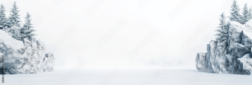 Poster Fog enveloping a snowy landscape, with fir trees and rugged rocks breaking through the pristine white blanket, creates a tranquil and mysterious atmosphere in the wilderness