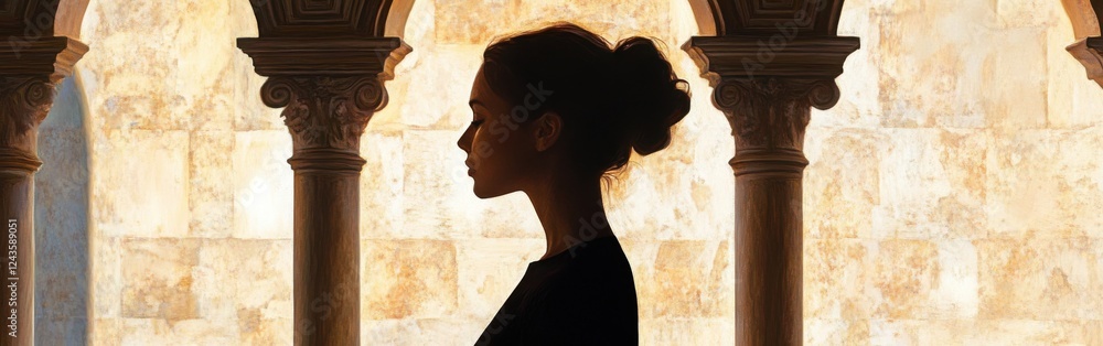 Aufkleber serene portrait of a glowing woman in silhouette against a softly lit background in an architectural