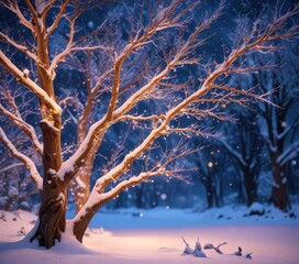 Twinkling lights on decorated branches create a magical ambiance in the snow-covered trees, branch decorations, sparkling ornaments, holiday lights