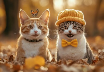 Adorable cats with accessories in a beautiful autumn setting, showcasing playful expressions and warm colors with nature in the background.