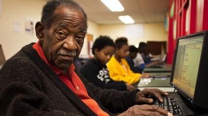 Elderly man demonstrates basic computer skills to a diverse group of attentive learners in a brightly lit classroom environment