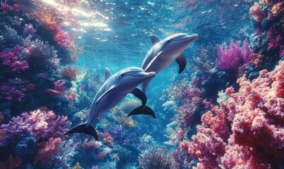 Fototapeta premium Dolphins and a reef undersea environment. electronic collage images as wallpaper