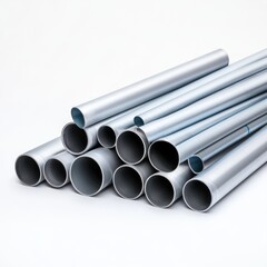 Stack of Silver Metal Pipes in Various Sizes Arranged Neatly on a White Background for Industrial Use
