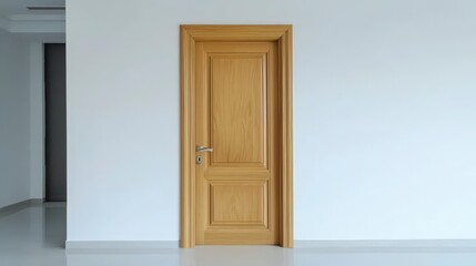 Elegant Wooden Door in Minimalist Interior with White Wall Background