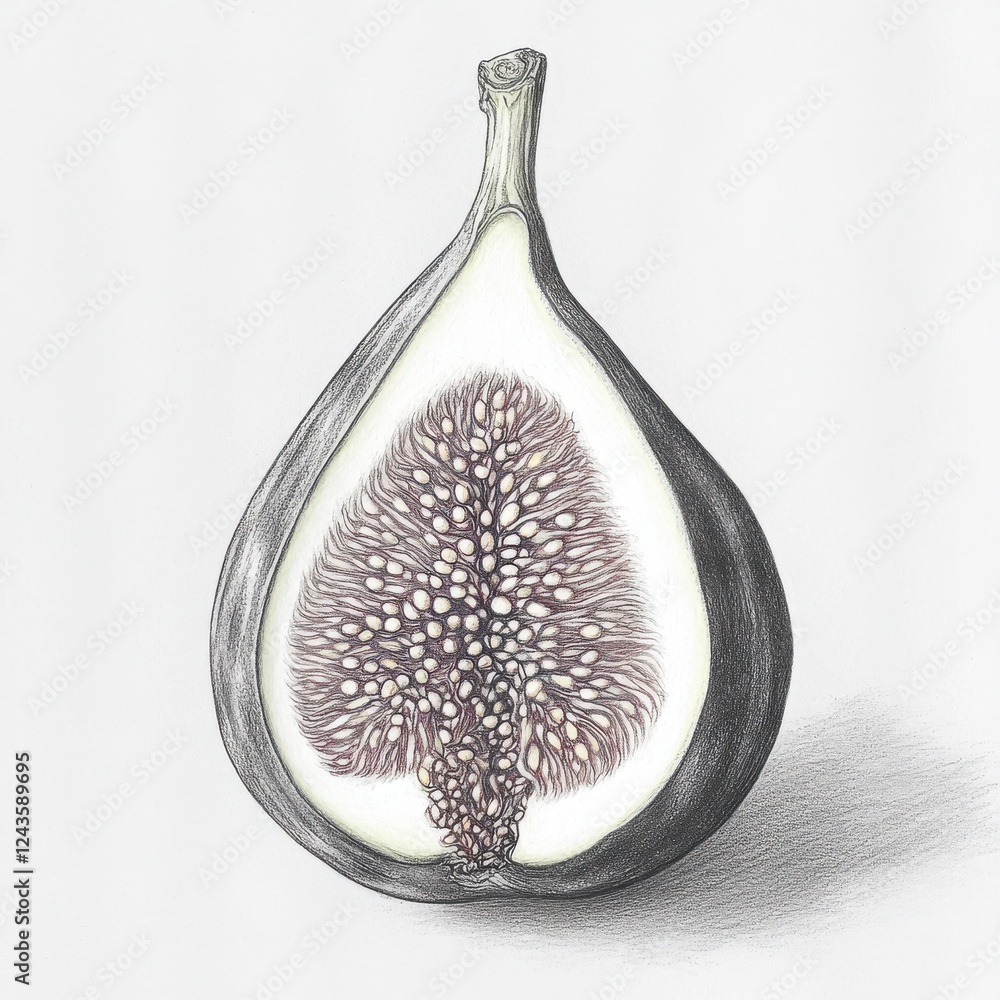 Poster visual representation of a ripe fig halved to reveal its rich inner texture and delicate seeds in un