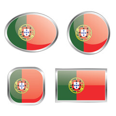 Four stylized representations of the Portuguese flag in various shapes and designs.