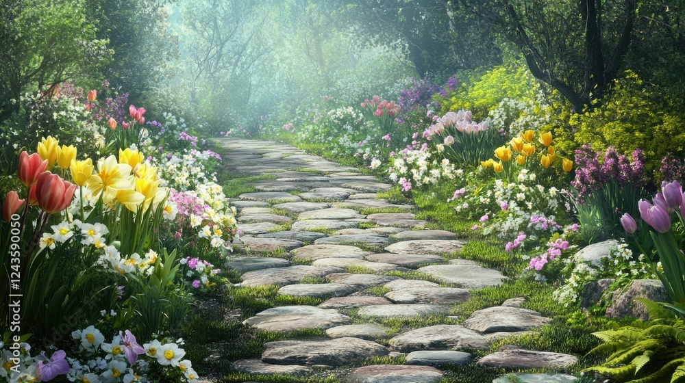 Poster quaint stone pathway winding through colorful flower beds in a serene garden setting