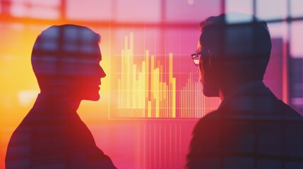 Consultants engaged in analysis with visual data representation at sunset