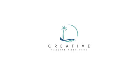 wave with palm tree, Beach, Holiday logo design